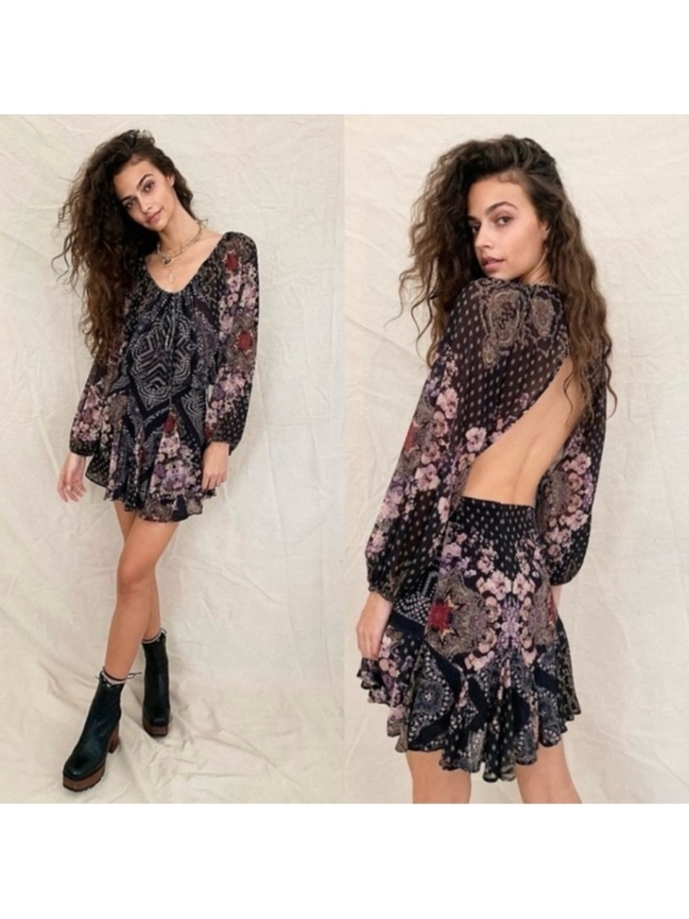 Free People Black and Taupe Paisley Long-Sleeve A-Line Dress